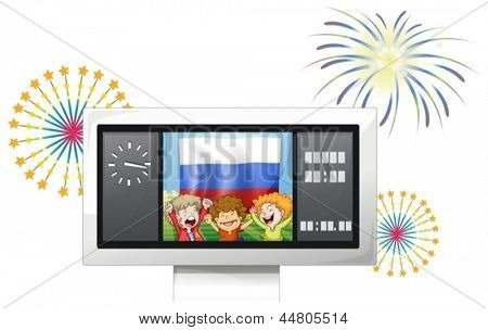 Illustration du drapeau de la Fédération de Russie et les trois enfants heureux sur fond blanc