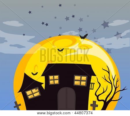 Illustration d'une maison hantée et la pleine lune