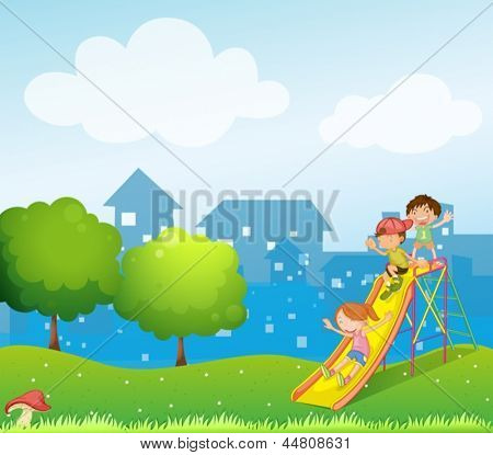 3 人の子供が遊び場で遊んでのイラスト