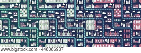 City Seamless Pattern Set Top View Flat Design. Suburban Houses And Roads Seamless Pattern Or Backgr