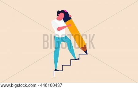 Staircase Business Effort And Rise Career Development With Goal. Man Climb With Pencil And Draw Vect