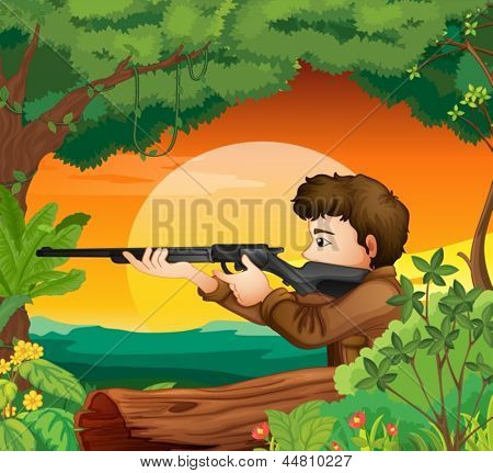 숲 속에서 총을 가진 남자의 그림