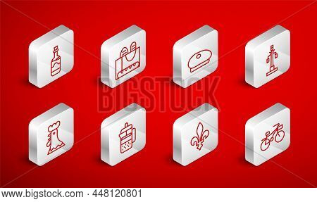 Set Line Bicycle, French Baguette Bread, Beret, Street Light, Fleur De Lys, Bottles Of Wine, Press A