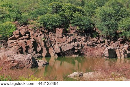 Deccan Plateau Of Indian Subcontinent. Rocky Landscape And Green Forest Near Hogenakkal In Tamil Nad