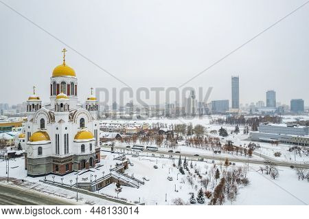 Panorama Of Winter Yekaterinburg And Temple On Blood In The First Snowfall. At The Temple Are Writte