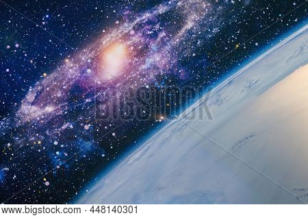 Earth And Galaxy. Elements Of This Image Furnished By Nasa.