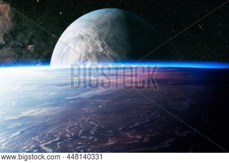 Fantasy Composition Of The Planet Earth And His Natural Satellite, In Stars With A Comet. Elements O