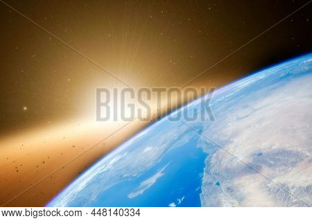 Fantasy Composition Of The Planet Earth And His Natural Satellite, In Stars With A Comet. Elements O