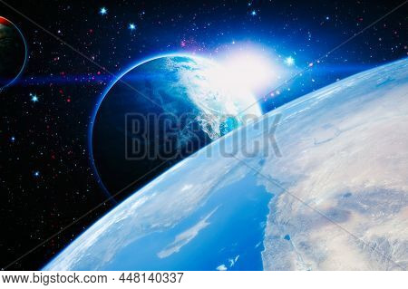 Fantasy Composition Of The Planet Earth And His Natural Satellite, In Stars With A Comet. Elements O