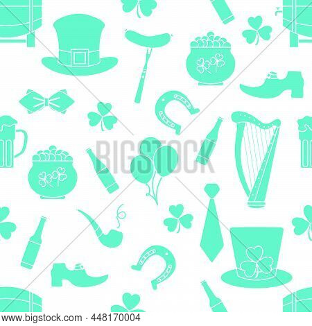 Irish Vector Seamless Pattern Happy St. Patrick's Day Illustration Ireland Shamrock Horseshoe Smokin