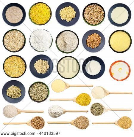 Set Of Various Raw And Cooked Common Wheat Grains Isolated On White Background
