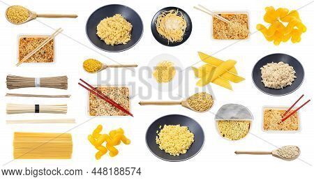 Set Of Various Cooked And Dry Pasta And Noodles Isolated On White Background