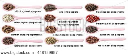 Set Of Ceramic Spoons With Various Peppercorns With Names Isolated On White Backgrouns