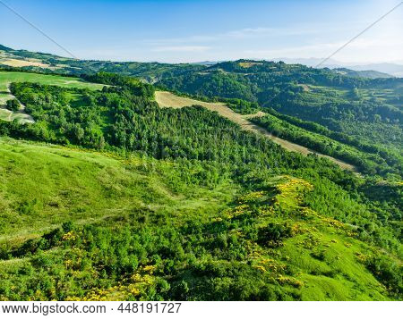 Aerial Views Of Green Fields And Hills Surronding San-marino Microstate. Travelling Across The Beaut