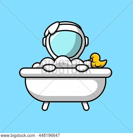 Cute Astronaut Bathing In Bathub Cartoon Vector Icon Illustration. Science Lifestyle Icon Concept Is