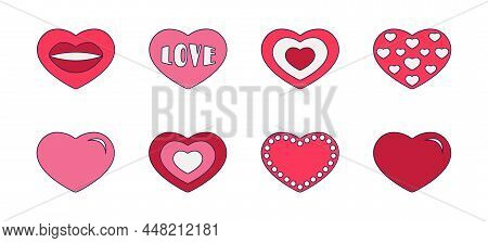 Retro Valentine Day Set Of Icons Heart. Love Symbols In The Fashionable Pop Line Art Style. The Figu