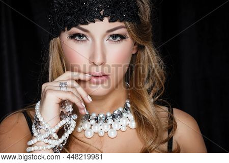 Perfect Beauty And Jewelry Concept. Portrait Of Beautiful Female Model Wearing Ring, Necklace And Wr