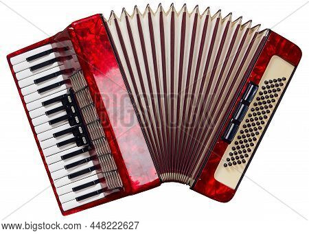 Old Red Accordion Isolated On A White Background.