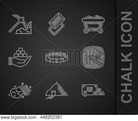 Set Gold Ring, Mine, Bars With Certificate, 24k, Nugget, Hand, Mine Cart Gold And Mining Icon. Vecto