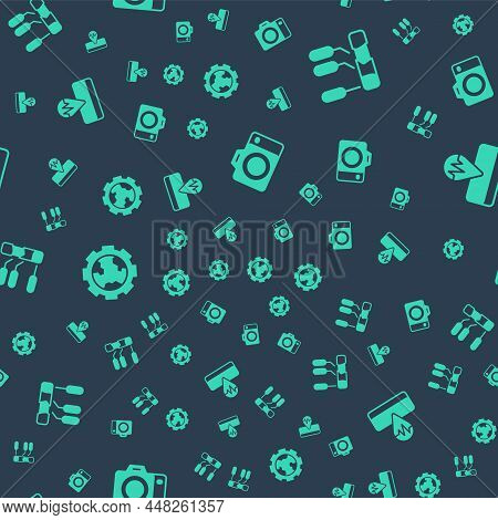 Set Photo Camera, Soil Analysis, Gear Wheels And Earth And Earthquake On Seamless Pattern. Vector