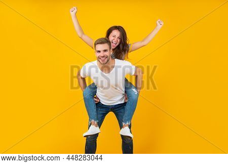 Hurray. Happy Girl Ride Piggy-back On Guy. Happiness. Romance. Enjoying Happy Relationship