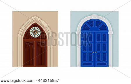 Vintage Style Wooden Closed Doors Set. Classic Faacades Architactural Design Vector Illustration