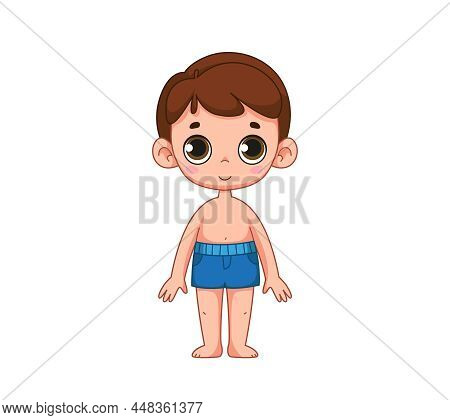 Cute Cute Boy With Big Eyes Is Standing In Blue Swimming Trunks Or Shorts. Children's Illustration O
