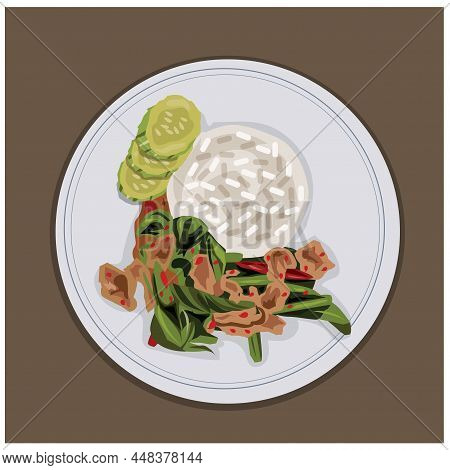Illustration Stir Fried Pock And Curry Paste Placed In A Dish On A Brown Background.