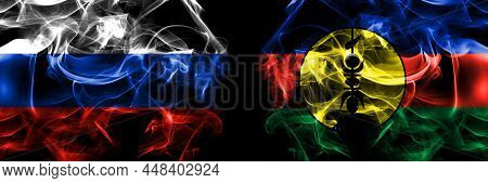 Russia, Russian Vs France, French, Flnks Flags. Smoke Flag Placed Side By Side Isolated On Black Bac