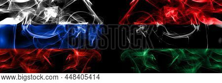 Russia, Russian Vs Organizations, Pan African, Unia Flags. Smoke Flag Placed Side By Side Isolated O