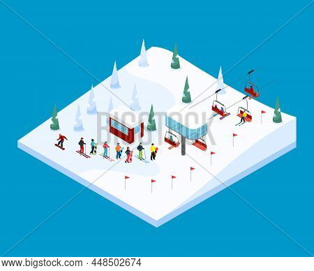 Ski Resort Tiled Isometric Landscape Design With Piste Houses On Piles Rope Way And Skiers Figures V