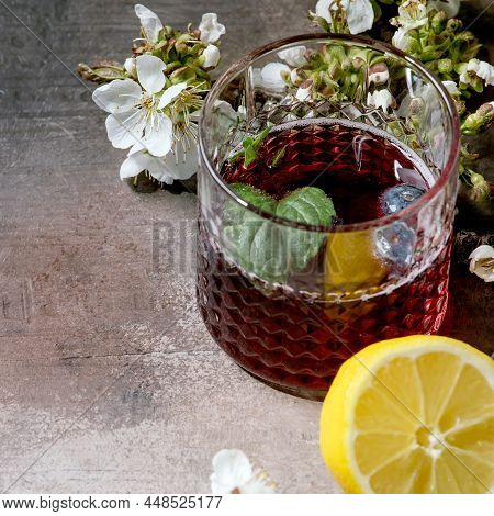 Cocktail Glass With Blueberry Sparkling Cider Or Lemonade