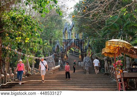 Phnom Kulen, Cambodia - February, 2013: Tourists Visit Wat Preah Ang Thom Temple. Gate And Stairs To
