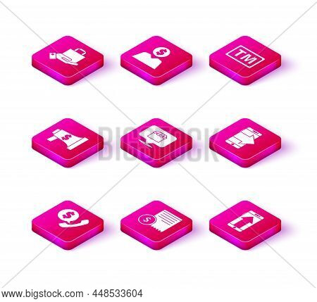 Set Telephone Handset And Speech Bubble Chat, Paper Check Financial Check, Megaphone Dollar, Online 
