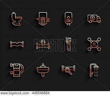 Set Line Heated Towel Rail, Washbasin, Toilet Bowl, Industry Metallic Pipe, Shower, And Manometer, W