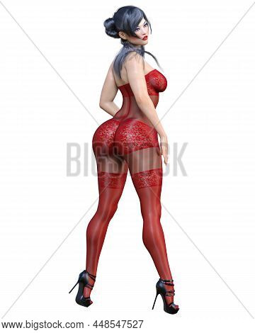 3d Render Beautiful Sexy Japanese Girl Red Bodystocking.curves Shape Girl.woman Studio Photography.h