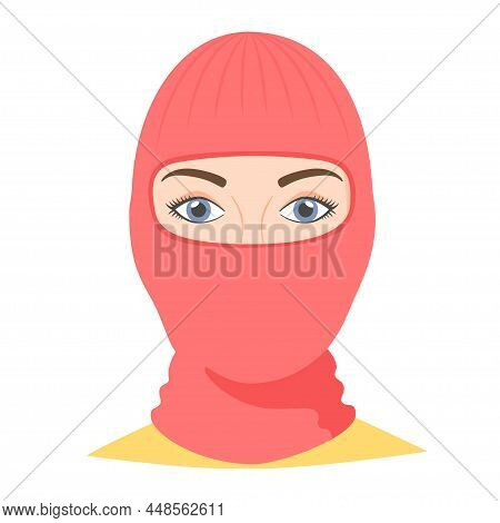 Woman Wearing Balaclava Helmet. Trendy Worm Headgear For Cold Weather. Facial Mask For The Whole Hea