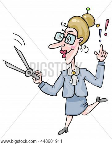 Cartoon Affective Teacher Of Mathematics Holding Big Compass