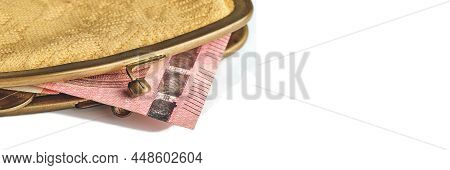 Old Wallet With A Fragment Of Euro Bill On White Background, Social Pension Concept