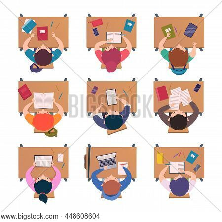 Students Top View. School Education Lessons Children Sitting At Desk And Listening Teacher Pupils Re