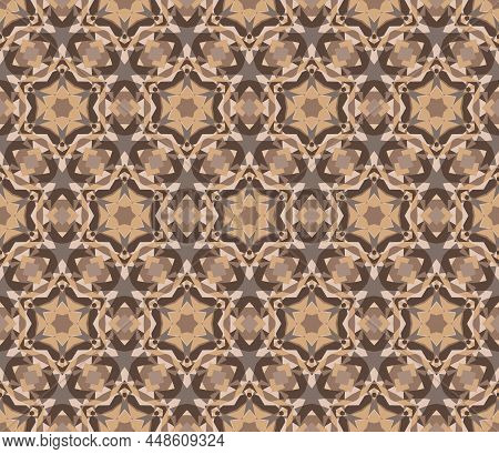 Geometric Kaleidoscope With Stars, Shades Of Dark, Desaturated, Greyish Orange. Seamless Vector Patt