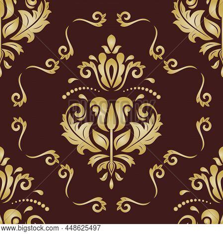 Classic Seamless Pattern. Damask Orient Golden Ornament. Classic Vintage Brown And Giolden Backgroun