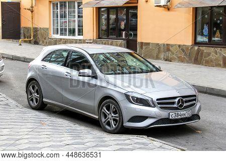 Anapa, Russia - December 2, 2014: Grey Compact Car Mercedes-benz A-class (w176) In A City Street.