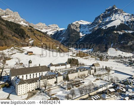 Drone View At The Benedictine Convent Of Engelberg In The Swiss Alps