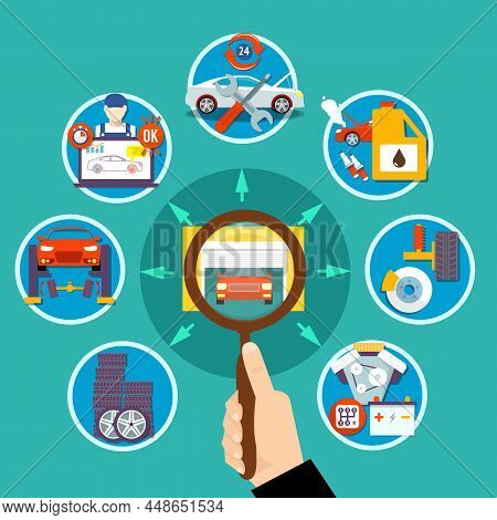 Auto Service Circle Design Concept With Suspension Bracket Battery Wheels Tools For Repair Decorativ