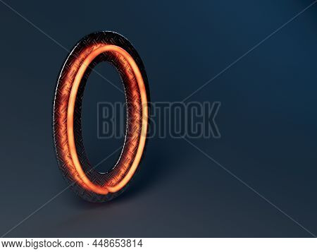 An Illuminated Orange Number Zero Mounted On A Shiny Metal Treadplate Backboard - 3d Render
