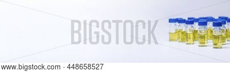 Banner With Hplc Vials With Urine Sample For Hplc Analysis In The Modern Laboratory With Copy Space.