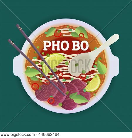 Pho Bo Tradidion Vietnamese Soup. Vector Illustration