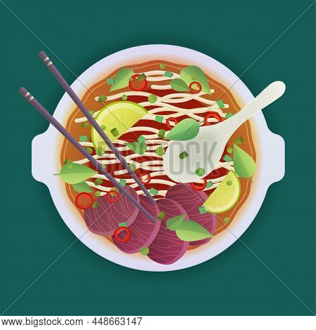 Soup With Noodles. Tradition Vietnamese Soup. Vector Illustration