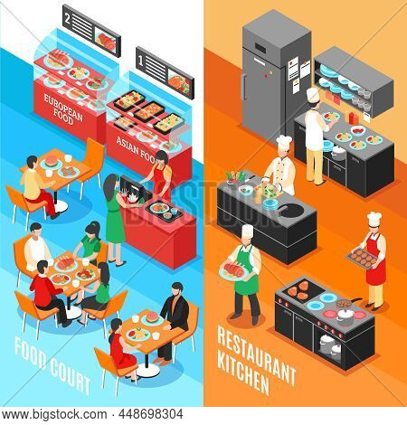 Set Of Two Food Court Vertical Banners With Isometric Interior Compositions Of Restaurant And Kitche